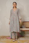 Nemaani_Blue Modal, Cotton Gota Patti, Mirrors V-neck Ira Hand Block Print Kurta Set _at_Aza_Fashions