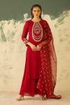 Buy_Radha Sharma_Red Georgette, Crepe Embroidery Round Neck Hand Embellished Kurta Set _at_Aza_Fashions
