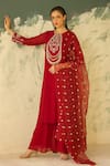 Shop_Radha Sharma_Red Georgette, Crepe Embroidery Round Neck Hand Embellished Kurta Set 