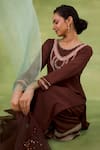 Radha Sharma_Brown Georgette, Crepe, Organza Beads, Sequins, Embroidery Embellished Kurta Set _at_Aza_Fashions