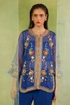 Radha Sharma_Blue Organza, Crepe Sequins, Embroidery, Beads Notched Hand Tunic Palazzo Set _Online_at_Aza_Fashions