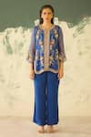 Buy_Radha Sharma_Blue Organza, Crepe Sequins, Embroidery, Beads Notched Hand Tunic Palazzo Set 