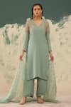 Buy_Radha Sharma_Green Georgette, Crepe Sequins, Beads V-neck Embroidered Kurta Set _at_Aza_Fashions