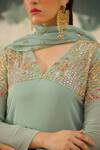 Shop_Radha Sharma_Green Georgette, Crepe Sequins, Beads V-neck Embroidered Kurta Set _Online_at_Aza_Fashions