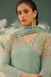 Radha Sharma_Green Georgette, Crepe Sequins, Beads V-neck Embroidered Kurta Set _at_Aza_Fashions