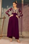 Radha Sharma_Purple Georgette, Crepe, Net Embroidery V-neck Hand Embellished Anarkali Set _Online_at_Aza_Fashions
