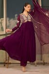 Buy_Radha Sharma_Purple Georgette, Crepe, Net Embroidery V-neck Hand Embellished Anarkali Set _Online_at_Aza_Fashions