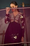 Shop_Radha Sharma_Purple Georgette, Crepe, Net Embroidery V-neck Hand Embellished Anarkali Set _Online_at_Aza_Fashions