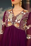 Radha Sharma_Purple Georgette, Crepe, Net Embroidery V-neck Hand Embellished Anarkali Set _at_Aza_Fashions