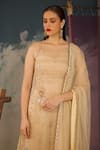 Radha Sharma_Beige Crepe, Organza Beads, Sequins, Embroidery Round Neck Hand Kurta Set _Online_at_Aza_Fashions