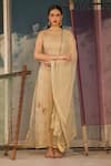 Shop_Radha Sharma_Beige Crepe, Organza Beads, Sequins, Embroidery Round Neck Hand Kurta Set _Online_at_Aza_Fashions