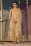 Buy_Radha Sharma_Beige Crepe, Organza Beads, Sequins, Embroidery Round Neck Hand Kurta Set _at_Aza_Fashions