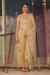 Buy_Radha Sharma_Beige Crepe, Organza Beads, Sequins, Embroidery Round Neck Hand Kurta Set 