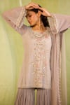 Shop_Radha Sharma_Gray Georgette, Net Embroidery Round Neck Hand Kurta Gharara Set _Online_at_Aza_Fashions