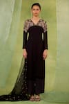 Shop_Radha Sharma_Black Georgette, Crepe Sequins, Embroidery V-neck Yoke Kurta Palazzo Set _Online_at_Aza_Fashions