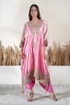 Buy_Vedika Soni_Pink Tissue, Cotton, Crepe Embroidery V-neck Kaftan Set _at_Aza_Fashions