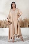 Buy_Vedika Soni_Beige Cotton, Crepe Tassels V-neck Embroidered Kaftan Set _at_Aza_Fashions
