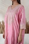 Vedika Soni_Pink Chanderi, Cotton, Tissue, Crepe Tassels V-neck Embroidered Kaftan Set _Online_at_Aza_Fashions