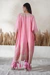 Shop_Vedika Soni_Pink Chanderi, Cotton, Tissue, Crepe Tassels V-neck Embroidered Kaftan Set _at_Aza_Fashions