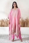 Buy_Vedika Soni_Pink Chanderi, Cotton, Tissue, Crepe Tassels V-neck Embroidered Kaftan Set _at_Aza_Fashions