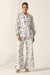 Buy_House Of Zeniaa_White Cotton Embroidery Collared Floral Print Schiffli Sage Set _at_Aza_Fashions