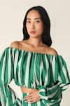 Buy_House Of Zeniaa_Green Cotton Off-shoulder Willow Striped Crop Top _at_Aza_Fashions