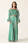 Buy_House Of Zeniaa_Green Cotton Off-shoulder Willow Striped Crop Top 