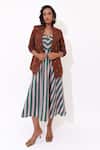 Buy_Aapro_Brown Cotton V-neck Wisteria Hand Block Printed Dress And Blazer Set _at_Aza_Fashions