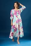 Naintara Bajaj_Purple Cotton V-neck Floral Print Dress _at_Aza_Fashions