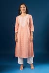 Shop_Naintara Bajaj_Orange Cotton Embroidery Round Neck Flower Print Kurta Set _Online_at_Aza_Fashions