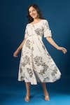 Buy_Naintara Bajaj_Off White Cotton Round Neck Florette Print Dress _at_Aza_Fashions