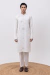 Buy_Kaka Calcutta_Ivory Linen, Satin, Cotton Mirrors Chaand In Paradise Kurta And Pant Set _at_Aza_Fashions