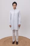 Buy_Kaka Calcutta_Sky Blue Linen, Satin, Cotton Embroidery Swan Kurta And Pant Set _at_Aza_Fashions