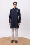Kaka Calcutta_Navy Silk, Cotton Embroidery Flamingo Kurta And Pant Set _Online_at_Aza_Fashions