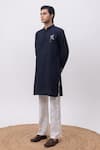 Shop_Kaka Calcutta_Navy Silk, Cotton Embroidery Flamingo Kurta And Pant Set _Online_at_Aza_Fashions