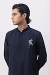 Kaka Calcutta_Navy Silk, Cotton Embroidery Flamingo Kurta And Pant Set _at_Aza_Fashions