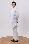 Kaka Calcutta_Sky Blue Linen, Satin, Cotton Embroidery Swan Nehru Jacket With Kurta And Pant Set _Online_at_Aza_Fashions