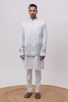 Kaka Calcutta_Sky Blue Linen, Satin Embroidery Vrindavan Nehru Jacket _Online_at_Aza_Fashions