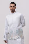 Kaka Calcutta_Sky Blue Linen, Satin, Cotton Vrindavan Nehru Jacket With Kurta And Pant Set _Online_at_Aza_Fashions