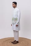 Kaka Calcutta_Sky Blue Linen, Satin, Cotton Shreenath Nehru Jacket With Kurta And Pant Set _Online_at_Aza_Fashions