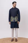 Buy_Kaka Calcutta_Navy Bamboo, Silk, Cotton Embroidery Jungle Nehru Jacket With Kurta And Pant Set _at_Aza_Fashions