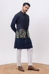 Kaka Calcutta_Navy Bamboo, Silk, Cotton Embroidery Jungle Nehru Jacket With Kurta And Pant Set _at_Aza_Fashions