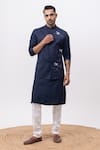 Buy_Kaka Calcutta_Navy Bamboo, Silk, Cotton Embroidery Firefly Nehru Jacket With Kurta And Pant Set _at_Aza_Fashions