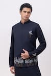 Buy_Kaka Calcutta_Navy Embroidery Flamingo Nehru Jacket _at_Aza_Fashions