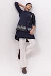 Buy_Kaka Calcutta_Navy Bamboo, Silk, Cotton Embroidery Flamingo Nehru Jacket With Kurta And Pant Set _at_Aza_Fashions