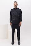 Buy_Kaka Calcutta_Black Cotton, Mukaish Embroidery Science Nehru Jacket With Kurta And Pant Set _at_Aza_Fashions