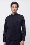 Shop_Kaka Calcutta_Black Cotton Embroidery Firefly Trio Pintuck Nehru Jacket With Kurta And Pant Set _Online_at_Aza_Fashions
