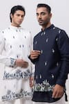 Buy_Kaka Calcutta_Navy Bamboo, Silk, Mukaish Embroidery Macow Nehru Jacket With Kurta And Pant Set _Online_at_Aza_Fashions