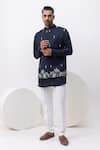 Buy_Kaka Calcutta_Navy Bamboo, Silk, Mukaish Embroidery Macow Nehru Jacket With Kurta And Pant Set _at_Aza_Fashions