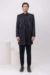 Shop_Kaka Calcutta_Black Cotton Sequins Cable Threads Sherwani Open Jacket Kurta Set _at_Aza_Fashions